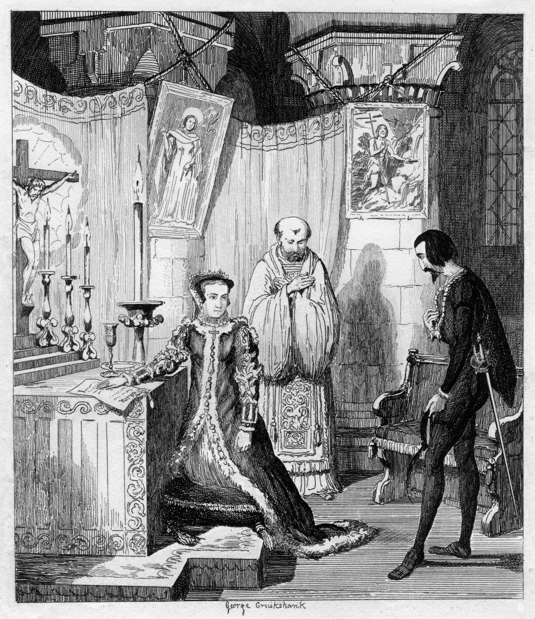 La Reina María en el momento de su compromiso con Felipe de España, 1840 de George Cruikshank
