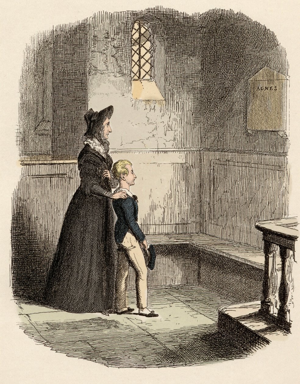 Rose Maylie y Oliver frente a la placa conmemorativa de Agnes, su hermana y madre - Rose Maylie y Oliver - Ilustración para “Oliver Twist” (Las aventuras de Oliver Twist) de Charles Dickens (1812-1870), por George Cruikshank (1792-1878) de George Cruikshank