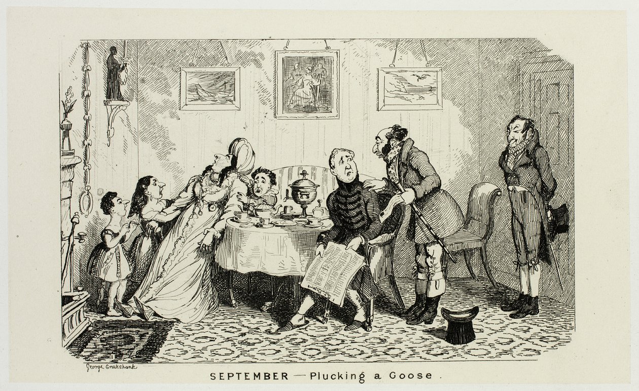 Septiembre - Desplumando un ganso de los grabados en acero de George Cruikshank para The Comic Almanacks: 1835-1853 de George Cruikshank