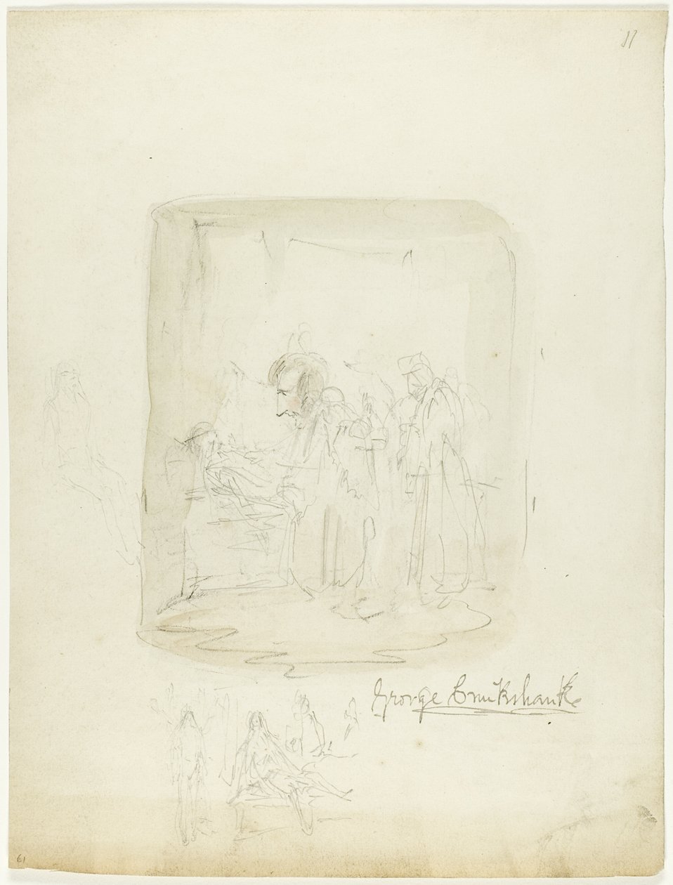 Hoja de bocetos con autorretrato de George Cruikshank
