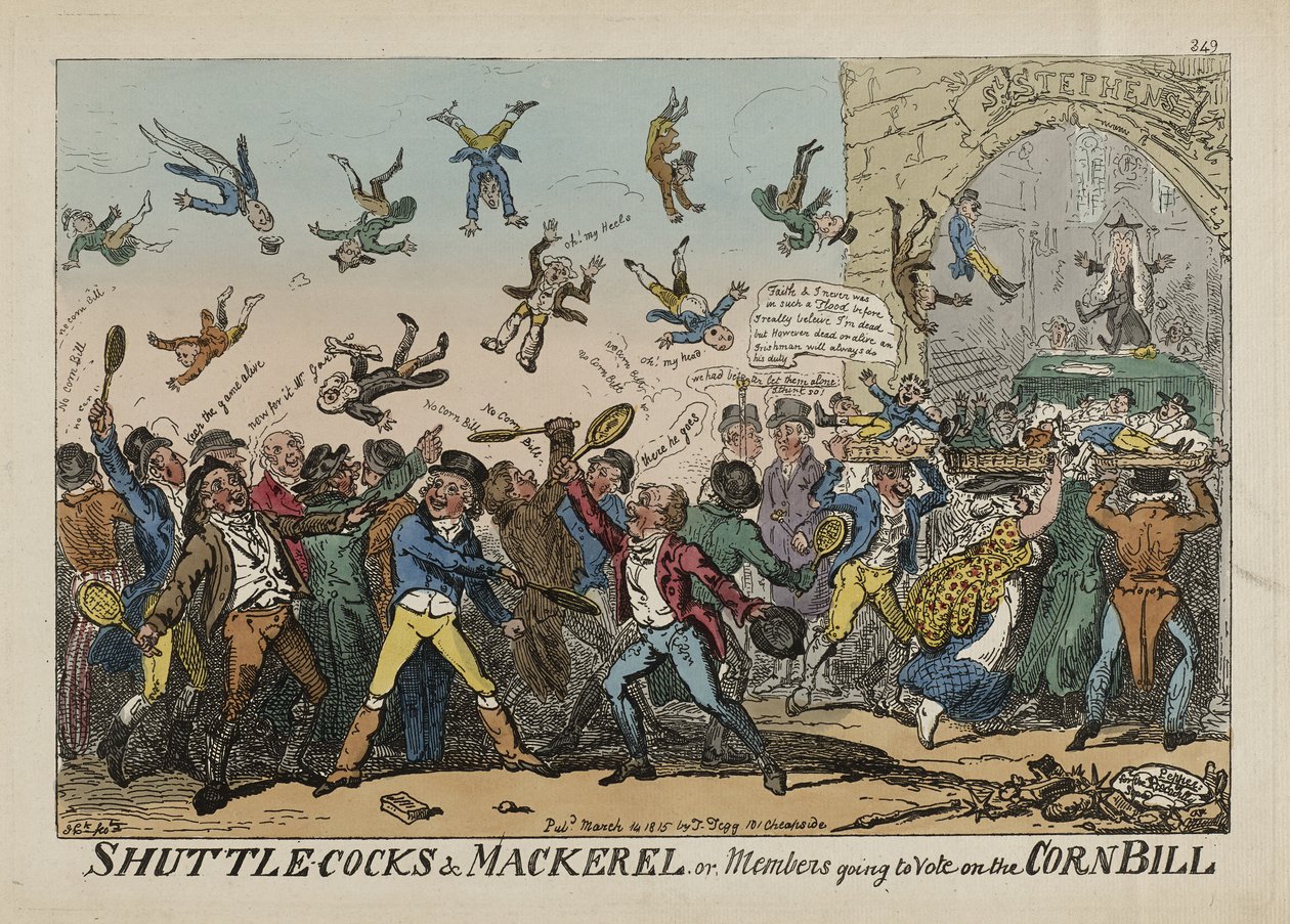 Volantes y caballas, o miembros yendo a votar sobre la Ley del Maíz, 14 de marzo de George Cruikshank