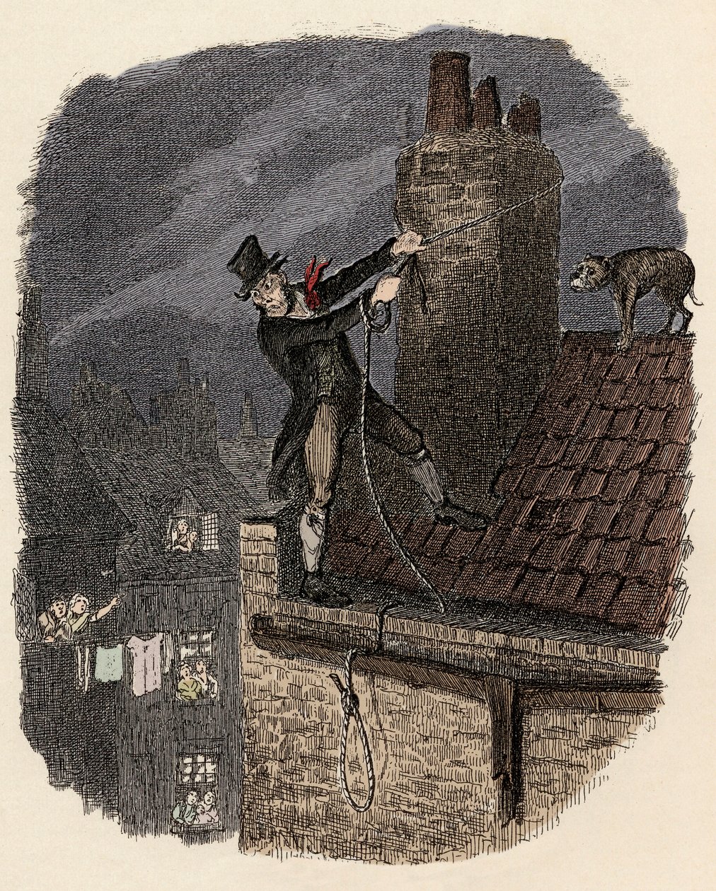 Sikes, seguido por su perro, intenta escapar - Ilustración para "Oliver Twist" de Charles Dickens de George Cruikshank