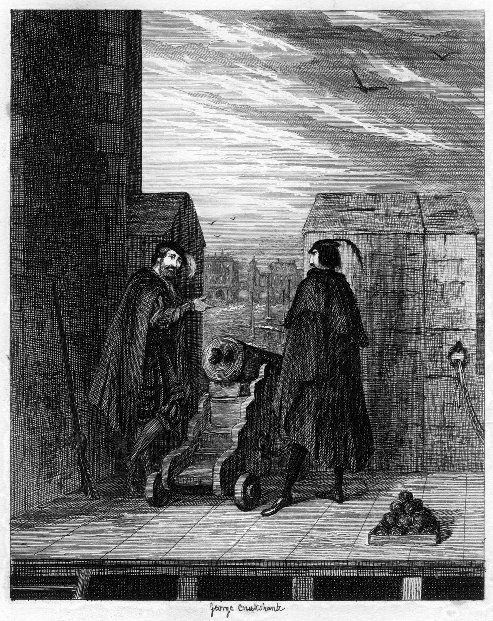 Simon Renard y Winwike el guardián en el techo de la Torre Blanca, 1553 de George Cruikshank