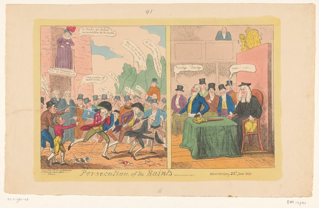 Caricatura de política interna inglesa, 1820 Persecución de los santos de George Cruikshank