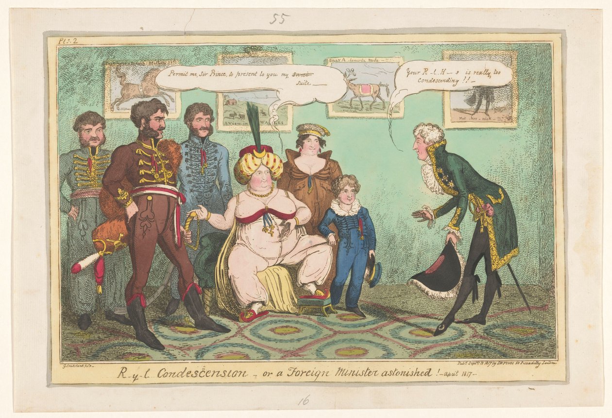 Spotprent op prinses Caroline, 1817 ¡R-y-l Condescendencia o un Canciller asombrado! de George Cruikshank