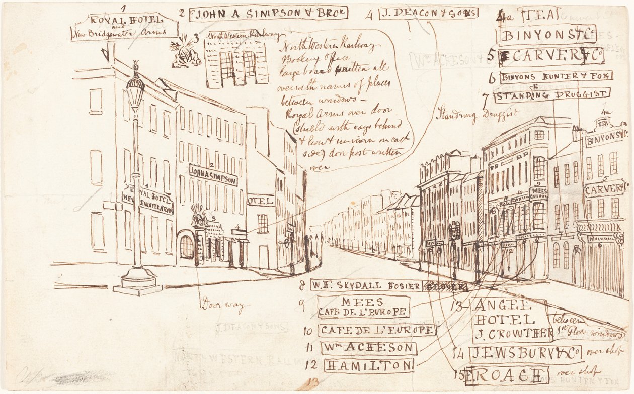 Perspectiva de calle con lugares de negocios etiquetados de George Cruikshank