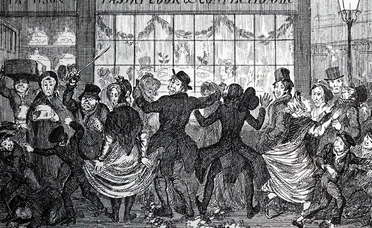 Pícaros callejeros causando estragos en la multitud fuera de una tienda de confitería y pastelería en la Noche de Reyes de George Cruikshank