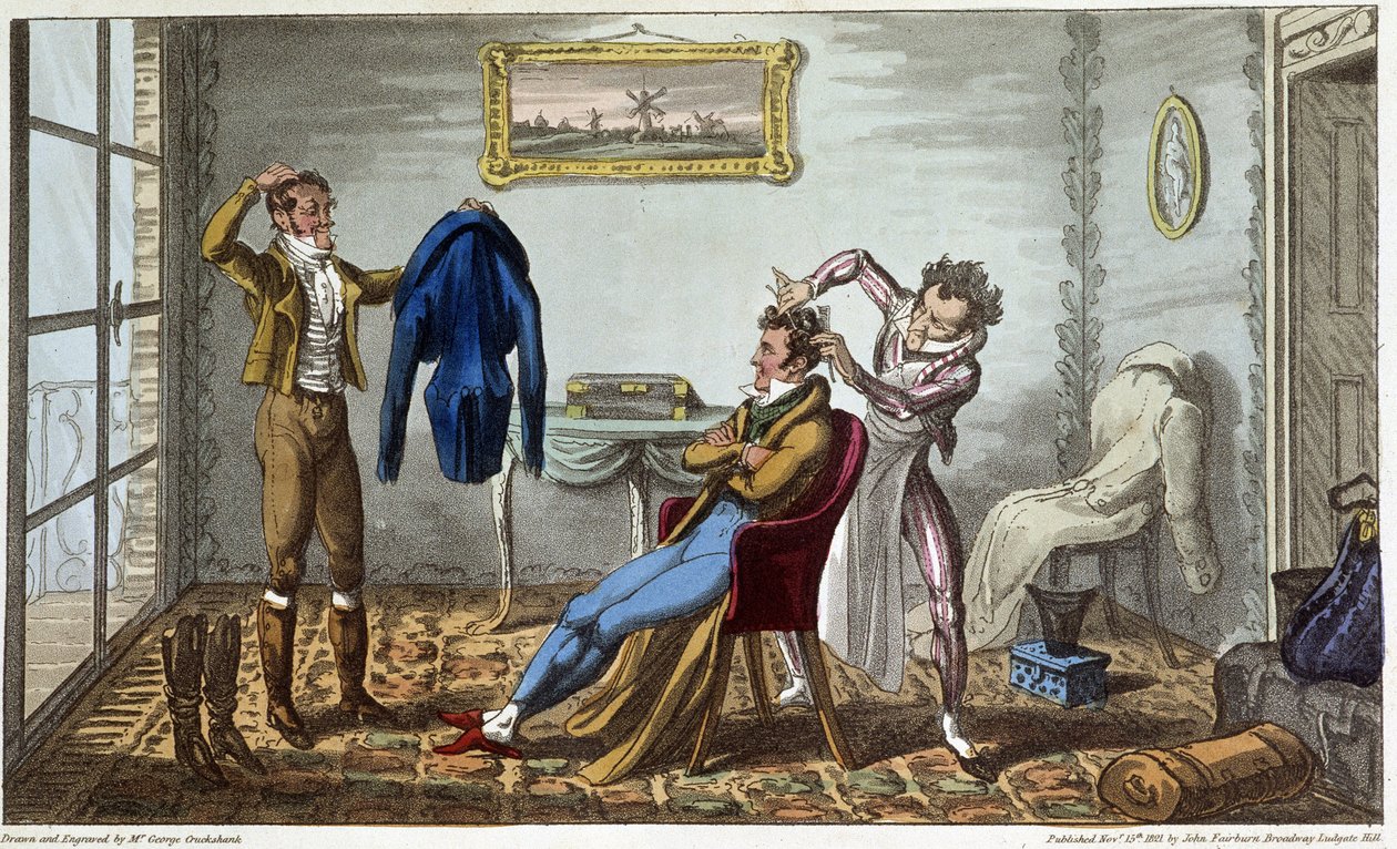 Sastre y peluquero a domicilio - en "Life in Paris" por David Carey, ill. por George Cruikshank, ed. Fairburn, Londres de George Cruikshank