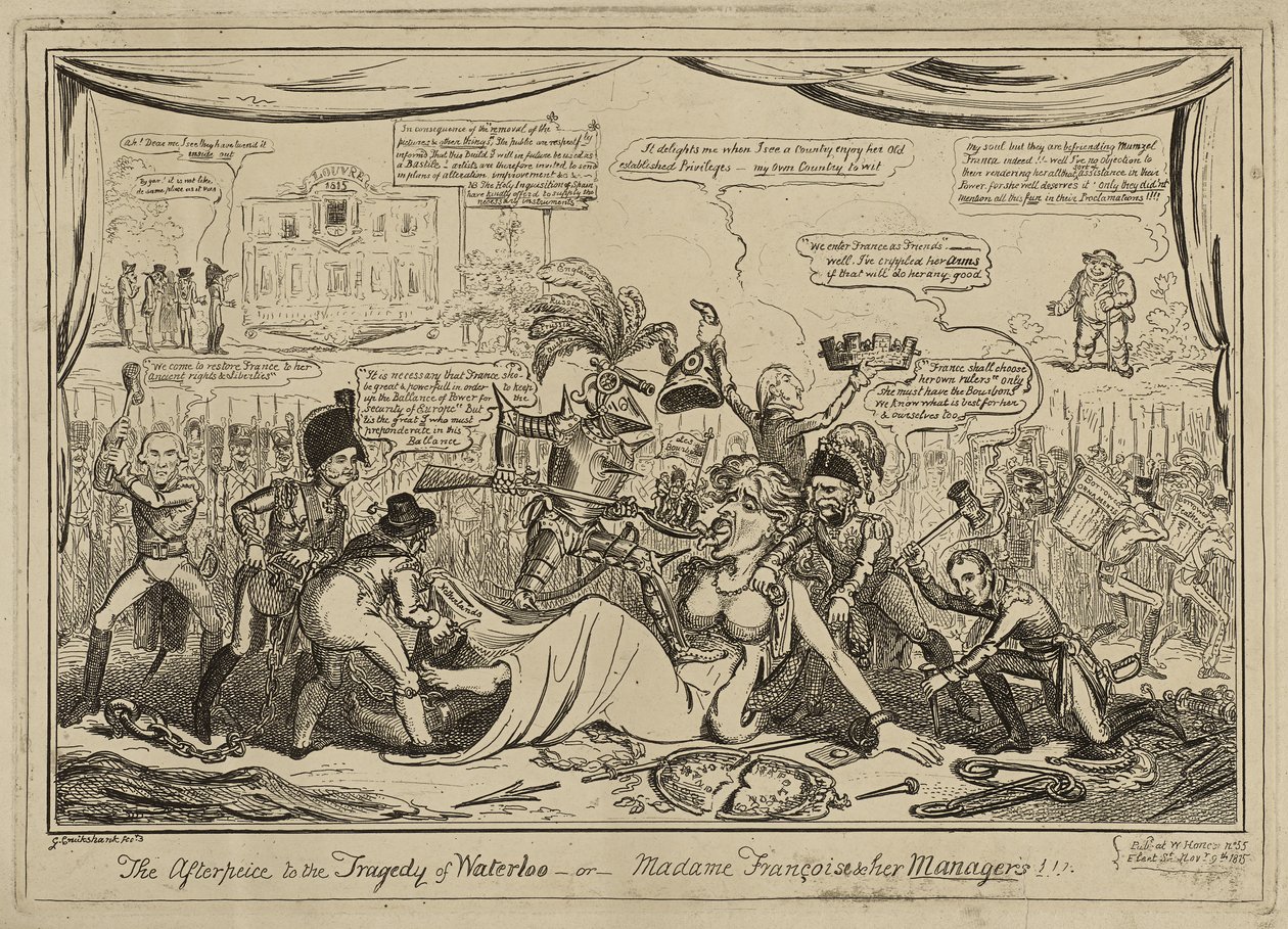 El epílogo (sic) a la tragedia de Waterloo o Madame François y sus gerentes!!!, publicado el 9 de noviembre de George Cruikshank