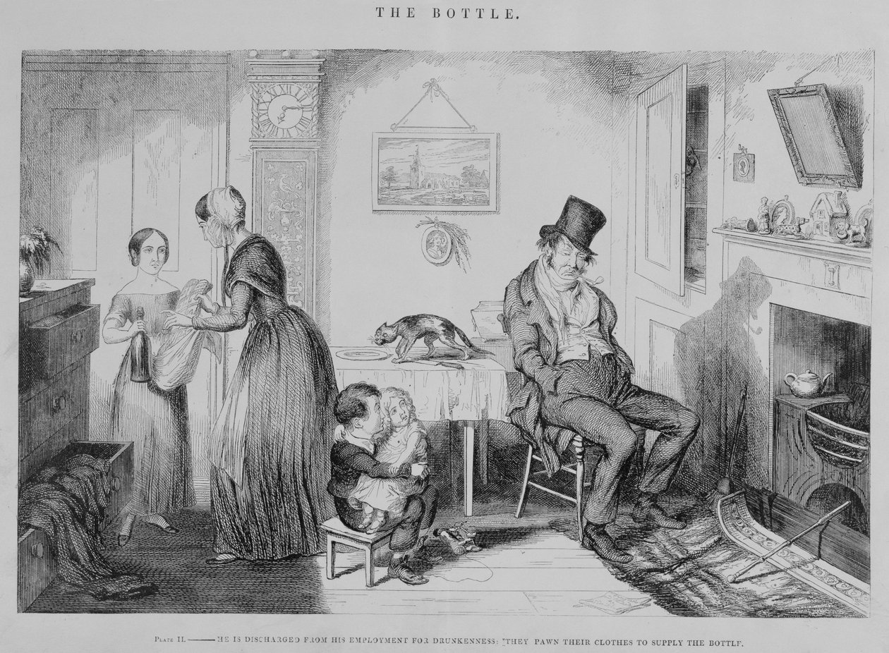 La Botella, Placa II, Es despedido de su empleo por embriaguez: empeñan su ropa para abastecer la botella, 1847 de George Cruikshank