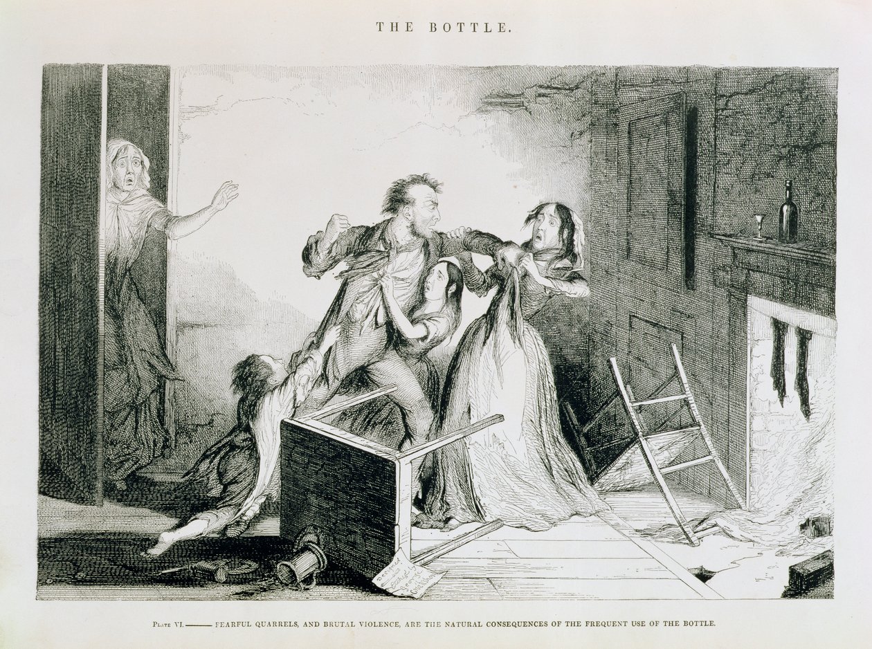 La botella, Placa VI, Peleas temibles y violencia brutal son las consecuencias naturales del uso frecuente de la botella, 1847 de George Cruikshank