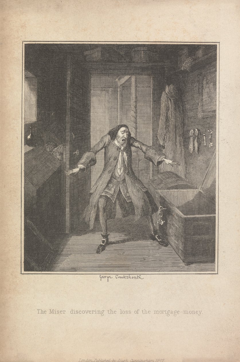 El Avaro descubriendo la pérdida del dinero de la hipoteca de George Cruikshank