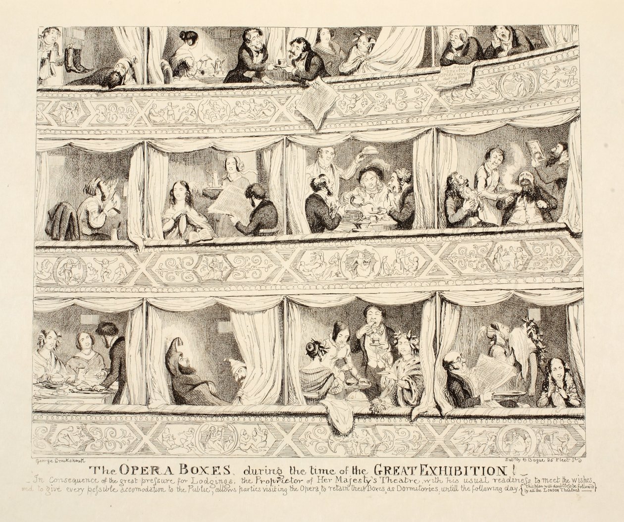 Las cajas de la ópera durante el tiempo de la Gran Exposición, pub. 1851 de George Cruikshank