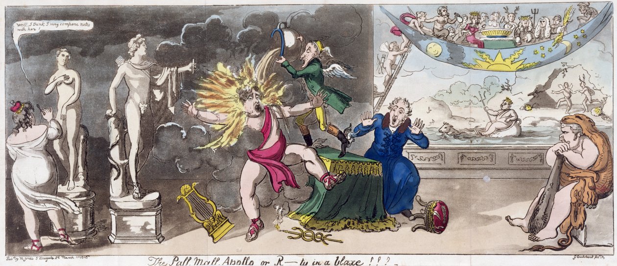 El Apolo de Pall Mall o, ¡R...ty en llamas! 1816 (grabado coloreado) de George Cruikshank