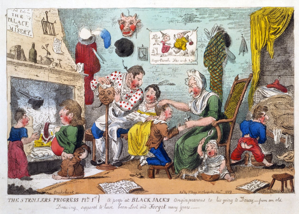 El progreso de los paseantes, placa 1, una mirada al origen de Black Jack antes de ir a Douay, pub. 1809 de George Cruikshank