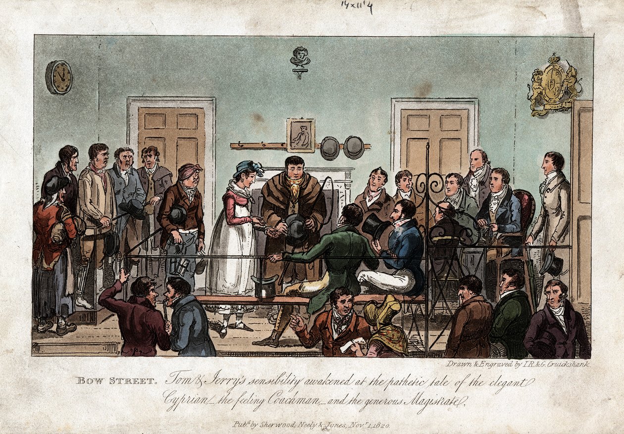 Tom y Jerry como observadores en el Tribunal de Magistrados de Bow Street, Londres, 1821 de George Cruikshank
