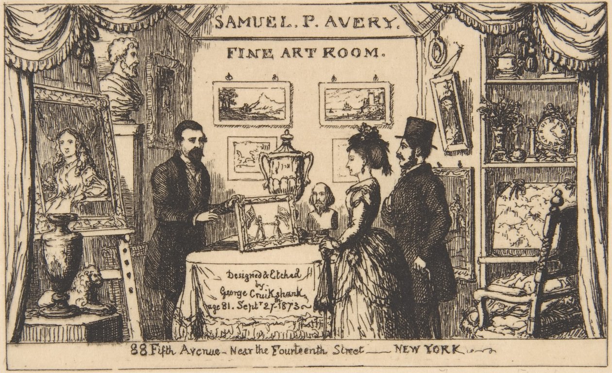 Tarjeta publicitaria para Samuel P. Avery - Sala de bellas artes de George Cruikshank