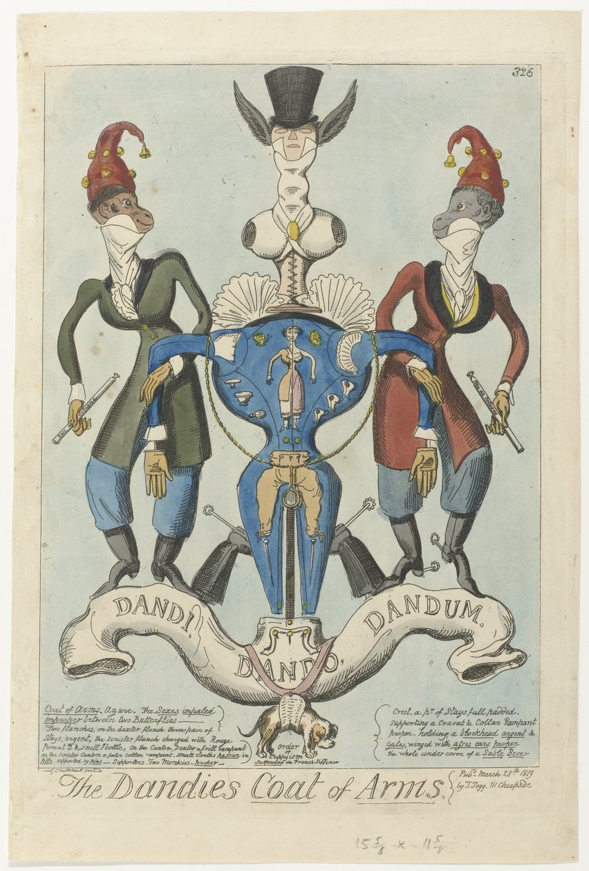 Dos monos vestidos sostienen un arma con forma de maniquí Escudo de armas de los Dandies (título sobre el objeto) de George Cruikshank