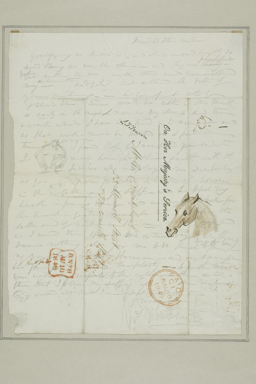 Sin título (carta de Cruikshank con bocetos de cabeza de caballo) de George Cruikshank
