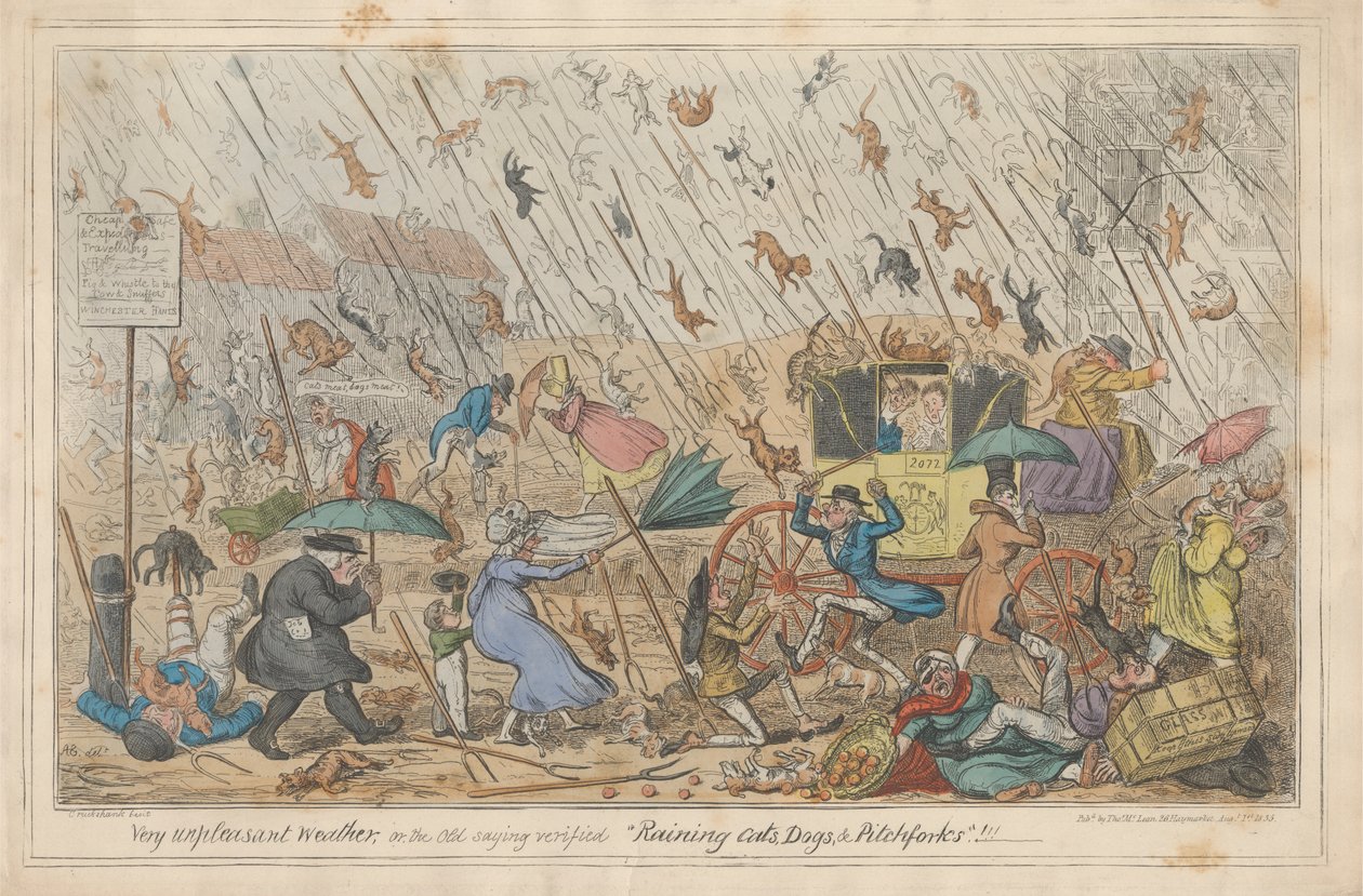¡¡¡Tiempo muy desagradable, o, el viejo refrán verificado "lloviendo gatos, perros y horcas"!!! de George Cruikshank