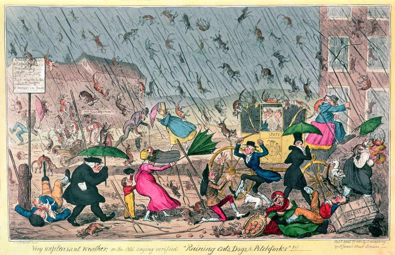 Clima muy desagradable, o el viejo dicho verificado: ¡lloviendo gatos, perros y horquillas!, pub. por G. Humphrey, 1820 de George Cruikshank