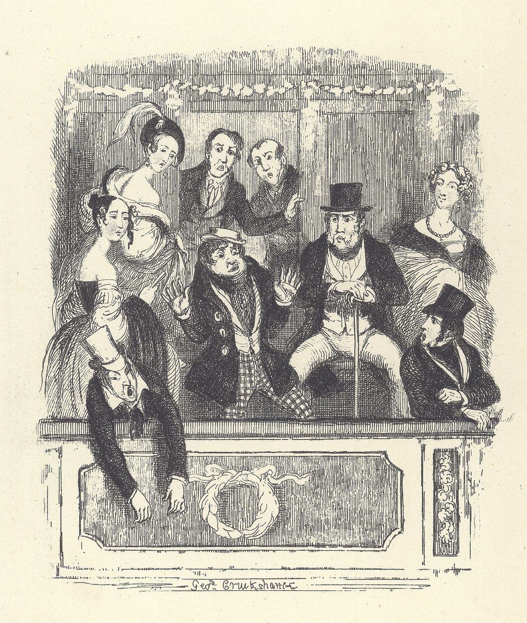 Espectadores victorianos abarrotan un palco en un teatro de Londres (grabado) de George Cruikshank