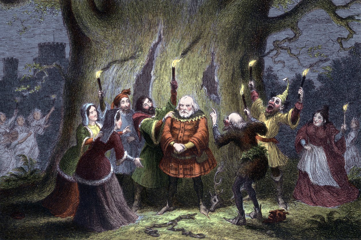 William Shakespeare Las alegres comadres de Windsor, obra estrenada en 1597 o 1600. Falstaff, después de haber mantenido su supuesta cita con Mistress Ford en el bosque de Windsor como Herne el Cazador y de haber sido pellizcado y golpeado por "hadas" dice de George Cruikshank