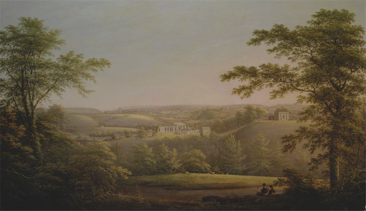 Easby Hall y Easby Abbey con Richmond, Yorkshire al fondo de George Cuitt