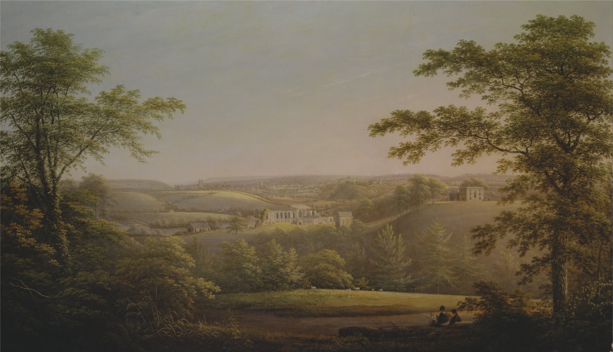 Easby Hall y Easby Abbey con Richmond, Yorkshire al fondo de George Cuitt