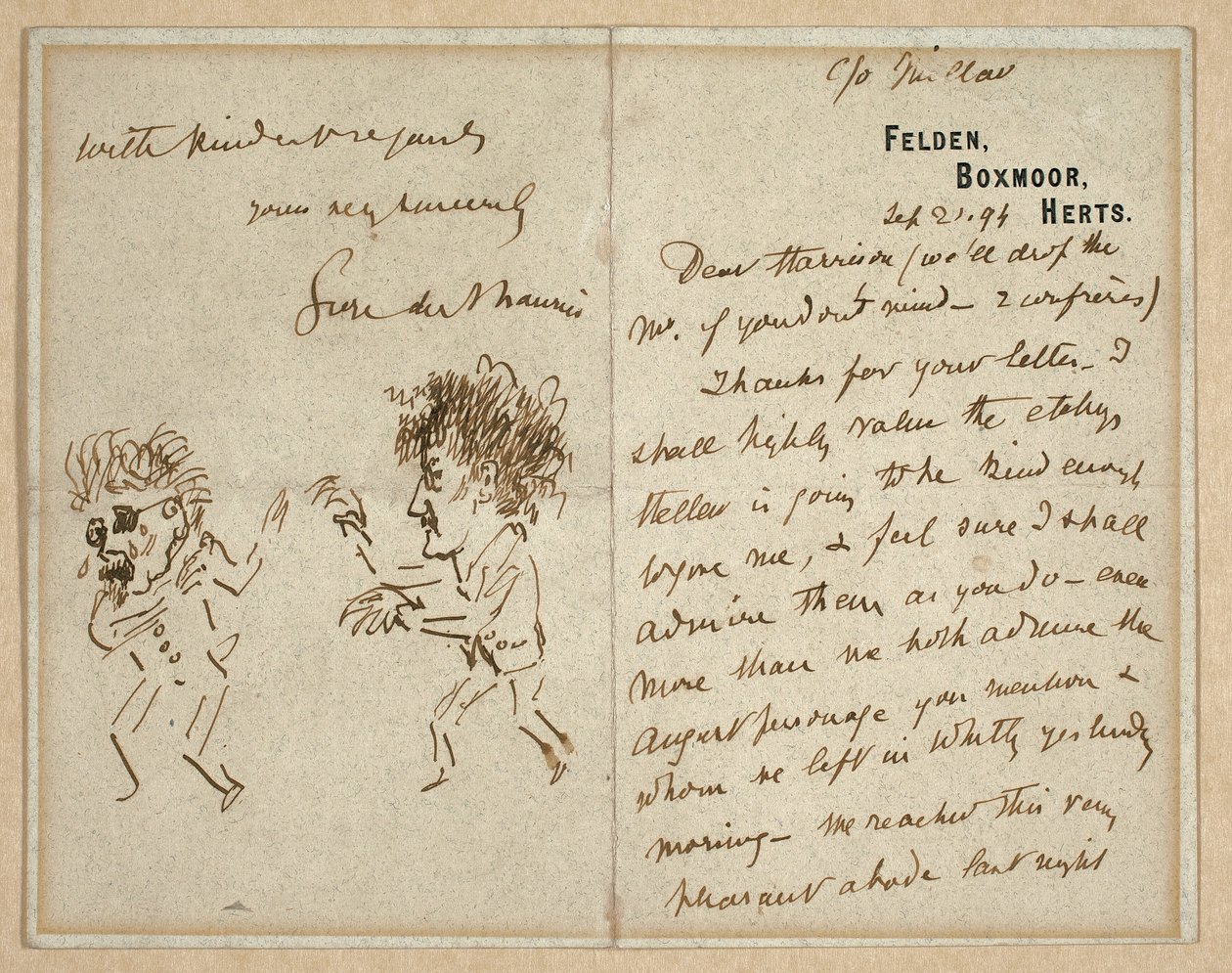 Carta con dibujo de Whistler amenazando a Du Maurier de George du Maurier