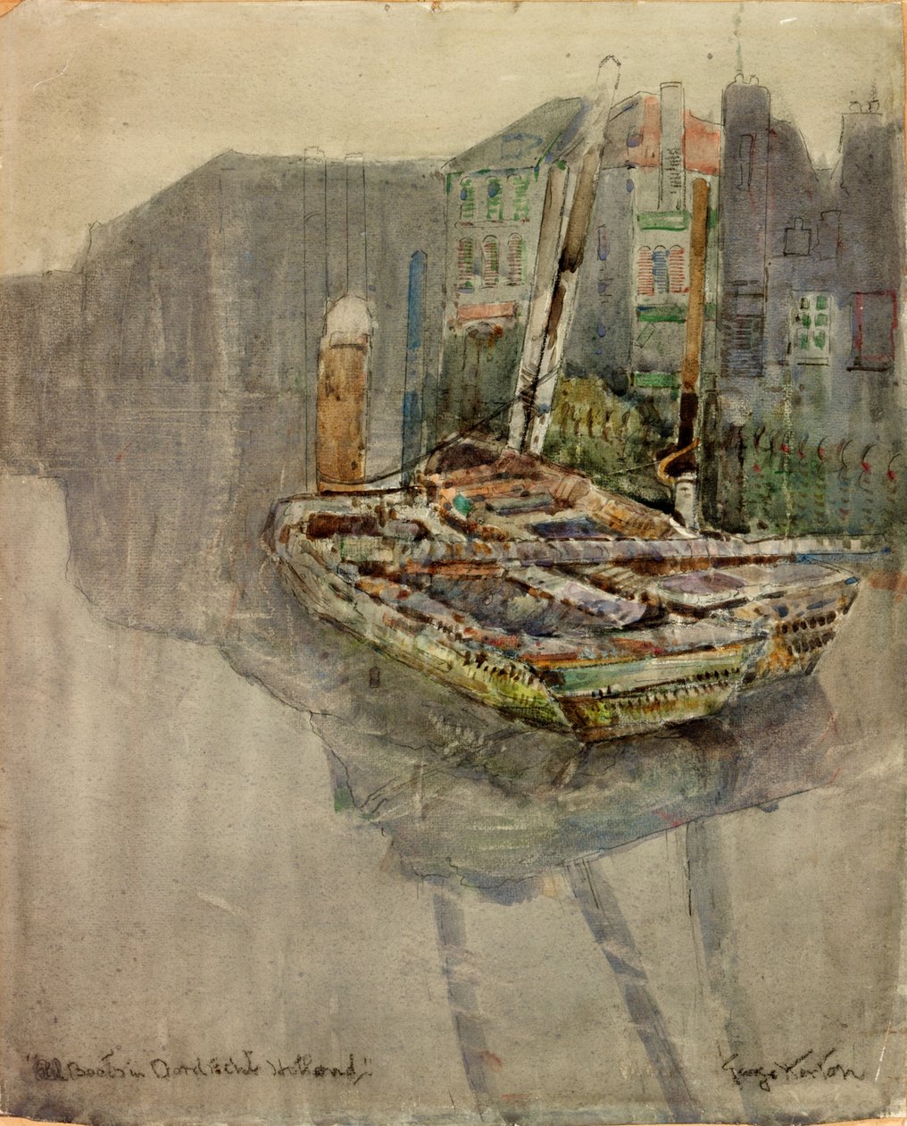 Barcos de anguila en un canal de Dordrecht, Holanda (carboncillo y acuarela sobre papel pegado en cartulina) de George Edward Horton