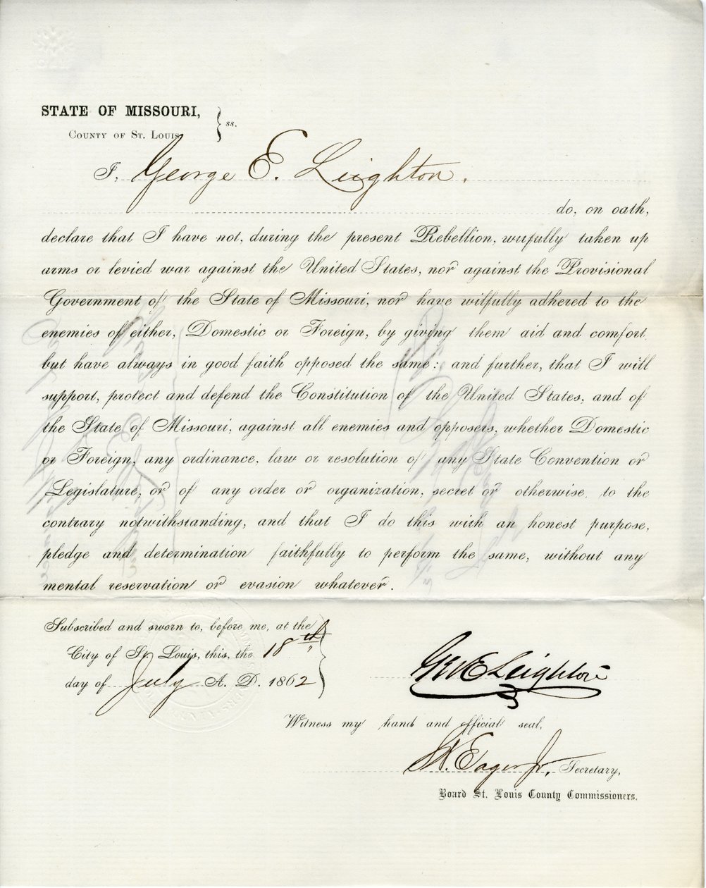 Juramento de lealtad de George E. Leighton de Missouri, Condado de St. Louis de George Eliot Leighton