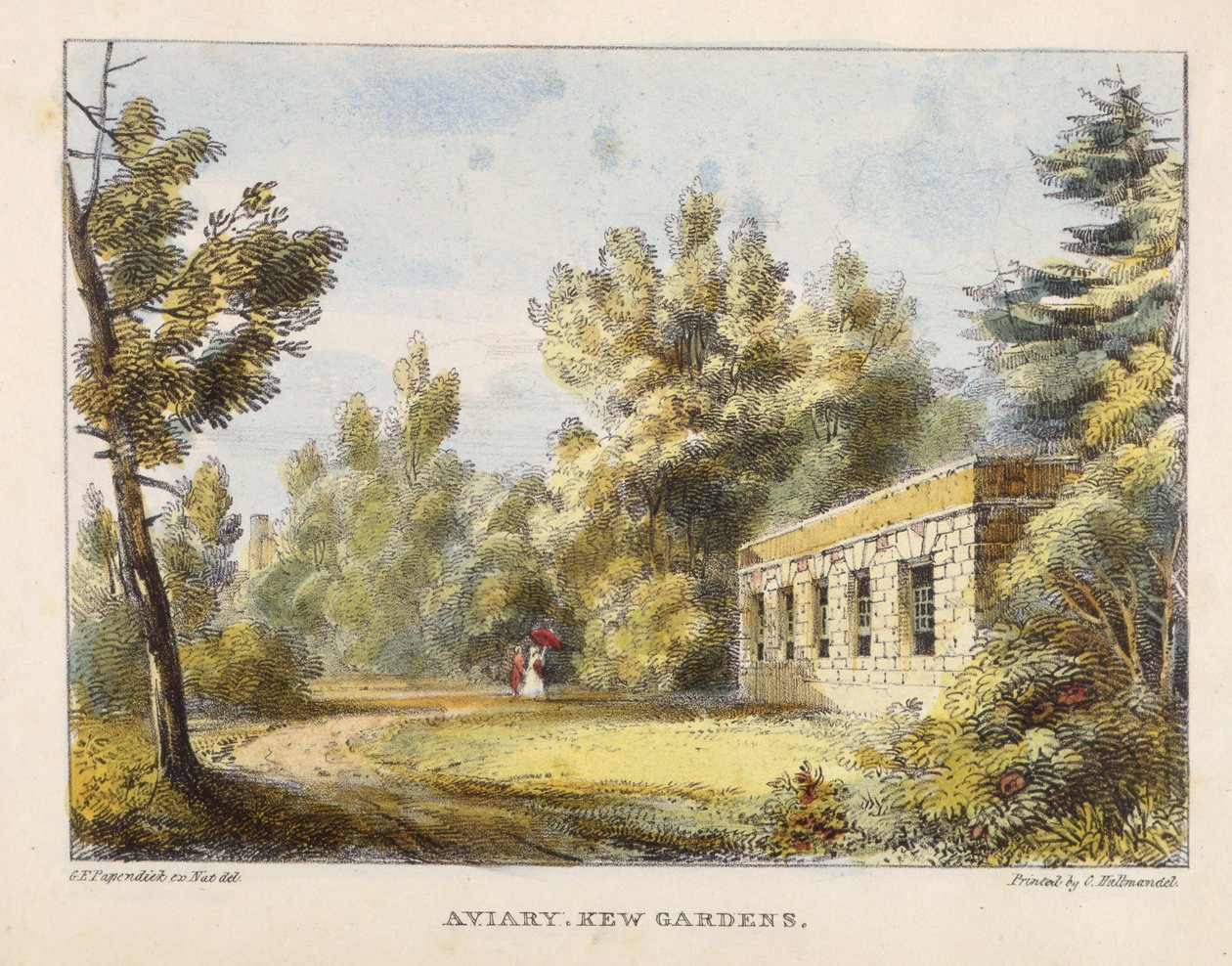 Aviario, Jardines de Kew, lámina 10 de Jardines de Kew: Una Serie de Veinticuatro Dibujos en Piedra, grabado por Charles Hullmandel (1789-1850) publicado 1820 de George Ernest after Papendiek