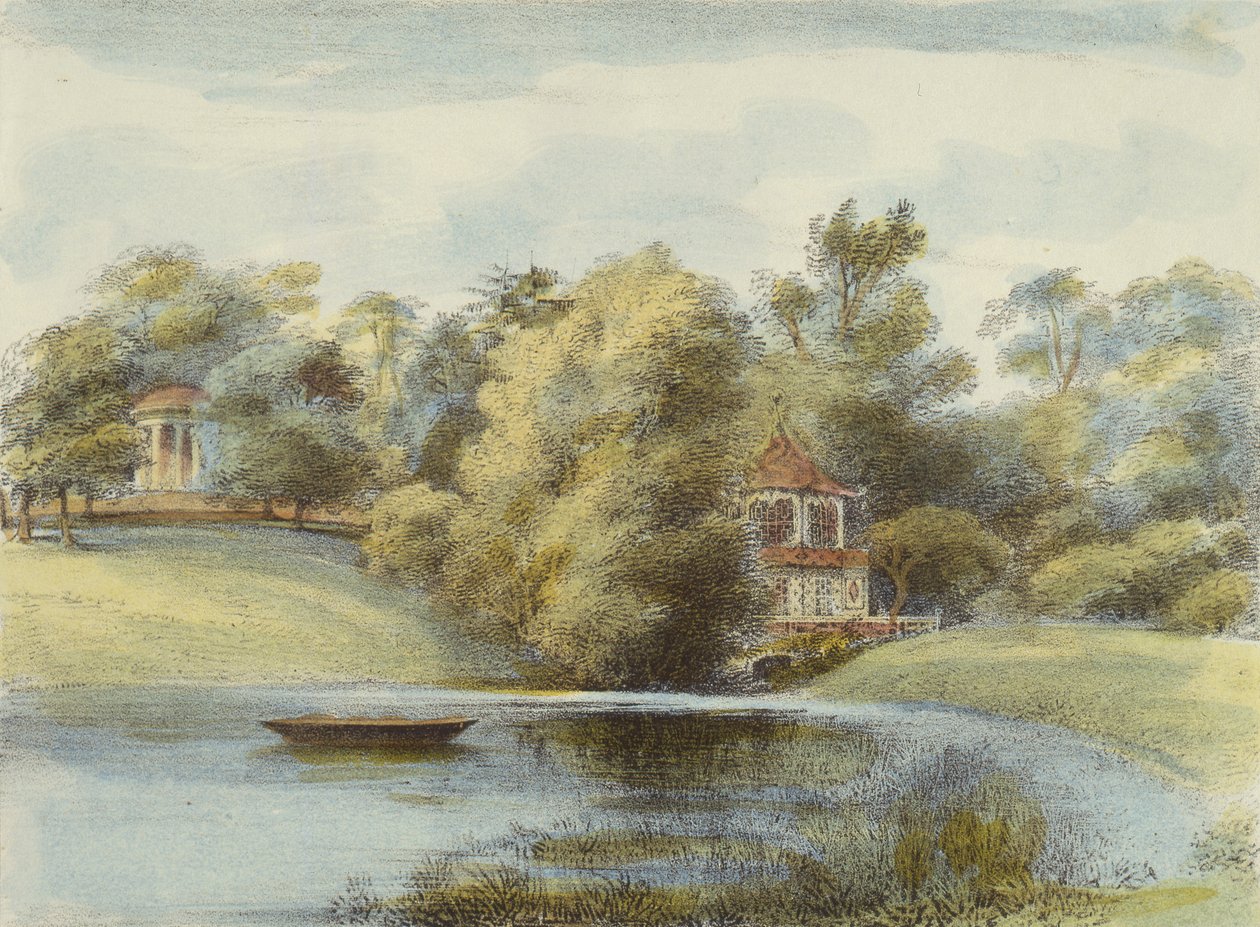 Templo Chino y Templo de Eolo, Jardines de Kew, lámina 16 de Jardines de Kew: Una Serie de Veinticuatro Dibujos en Piedra, grabado por Charles Hullmandel (1789-1850) publicado 1820 de George Ernest after Papendiek