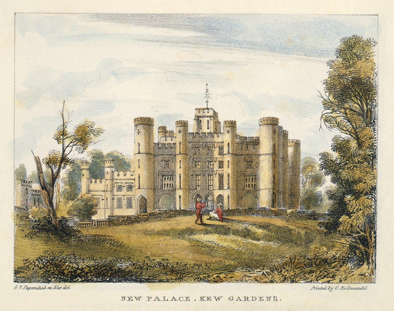 Nuevo Palacio, Jardines de Kew, lámina 1 de Jardines de Kew: Una serie de veinticuatro dibujos en piedra, grabado por Charles Hullmandel publicado en 1820 de George Ernest after Papendiek