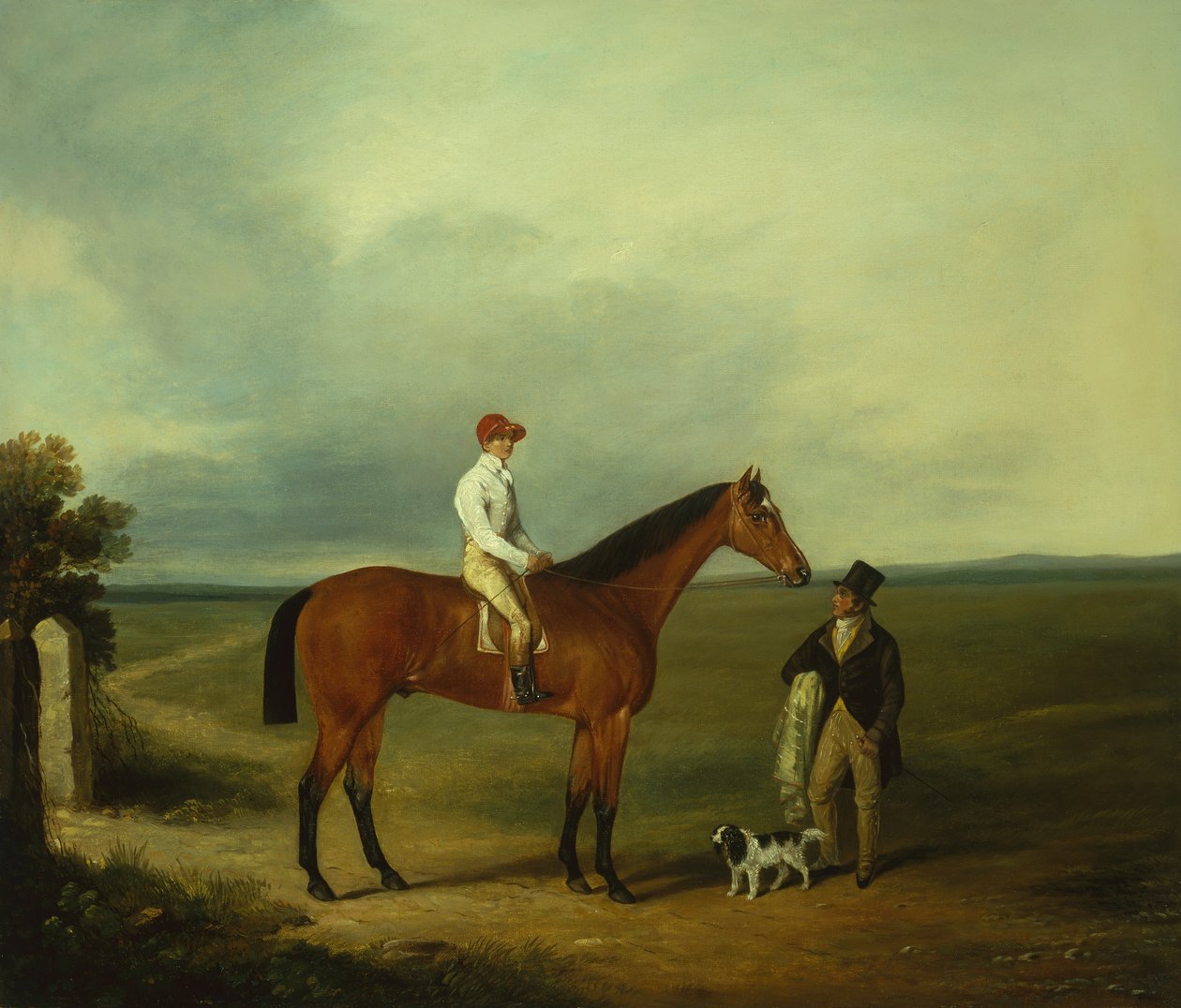 Un caballo de carreras con jinete, entrenador y Spaniel (óleo sobre lienzo) de George Fenn