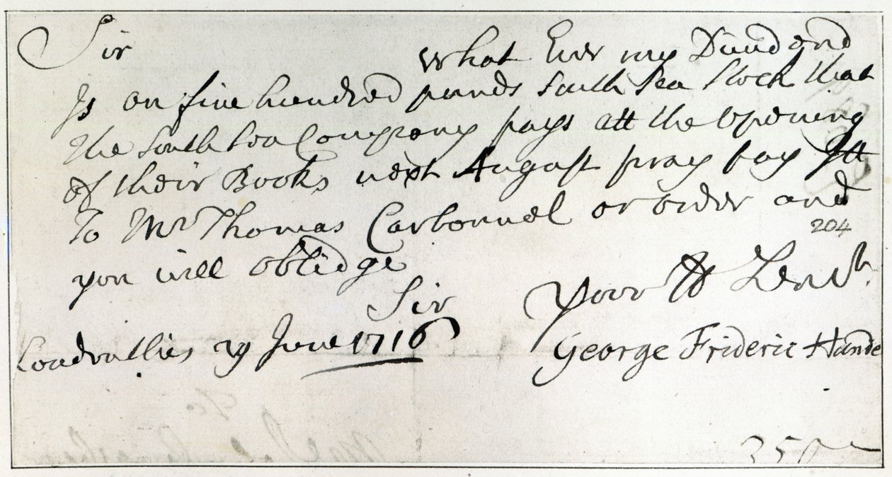 Carta escrita por Handel, junio de 1716 de George Frederick Handel