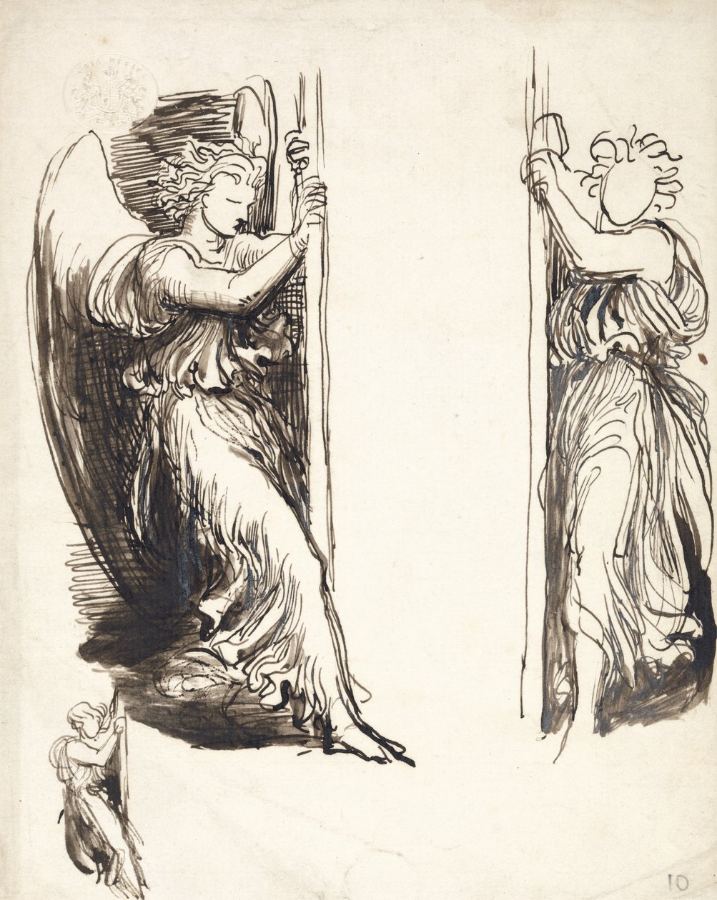 Estudios para ángeles en La Corte de la Muerte (tinta marrón sobre grafito) de George Frederick Watts