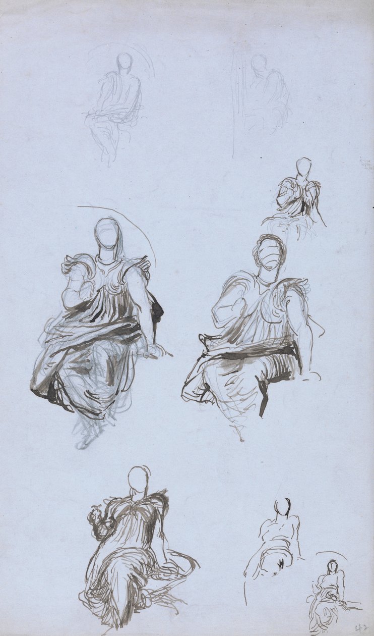 Estudios de una figura sentada con un libro (tinta marrón y grafito sobre papel azul) de George Frederick Watts