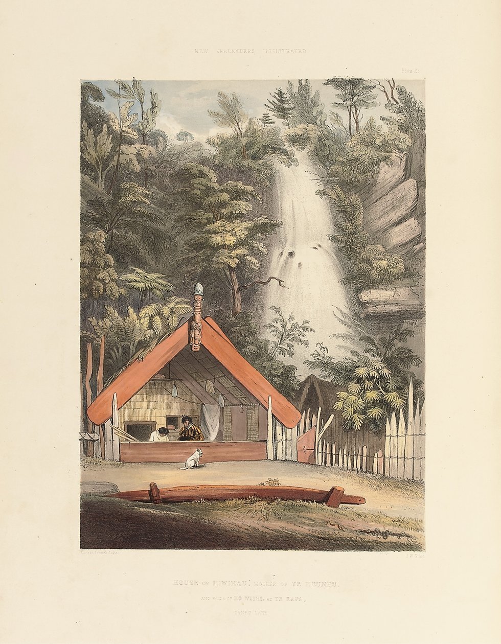 Casa de Hiwikau, madre de Heuneu, y cascadas de Ko Waihi, en Te Rapa, lámina 21 de "The New Zealanders Illustrated", 1847 de George French Angas