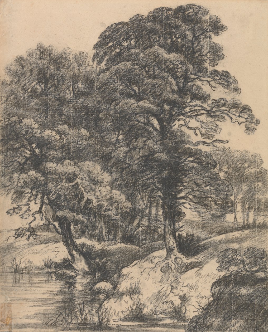 Un paisaje arbolado con piscina de George Frost