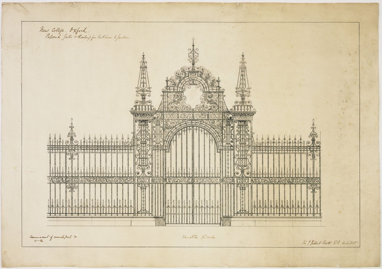 New College Oxford: Puertas y Rejas Propuestas para la Entrada al Jardín de George Gilbert Scott
