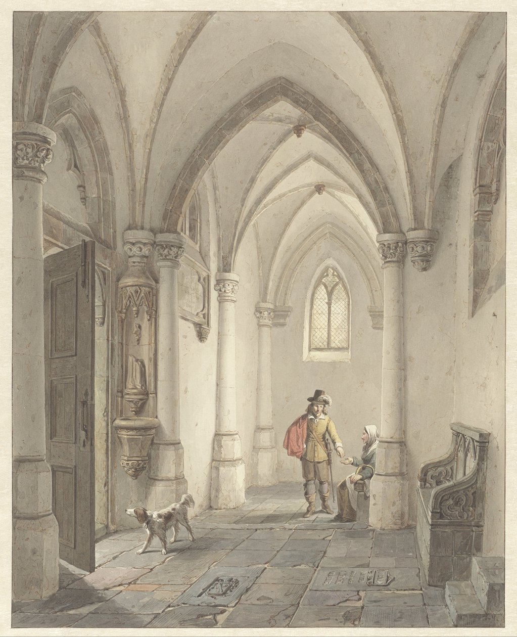 Interior de una iglesia con un hombre dando limosna a una mendiga de George Gillis Haanen