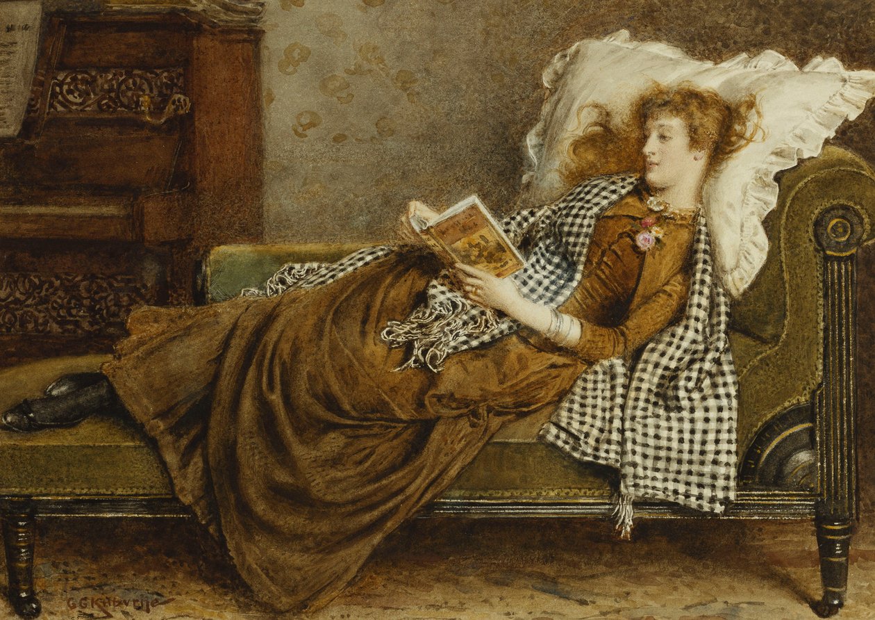 Una joven leyendo en un interior de George Goodwin Kilburne
