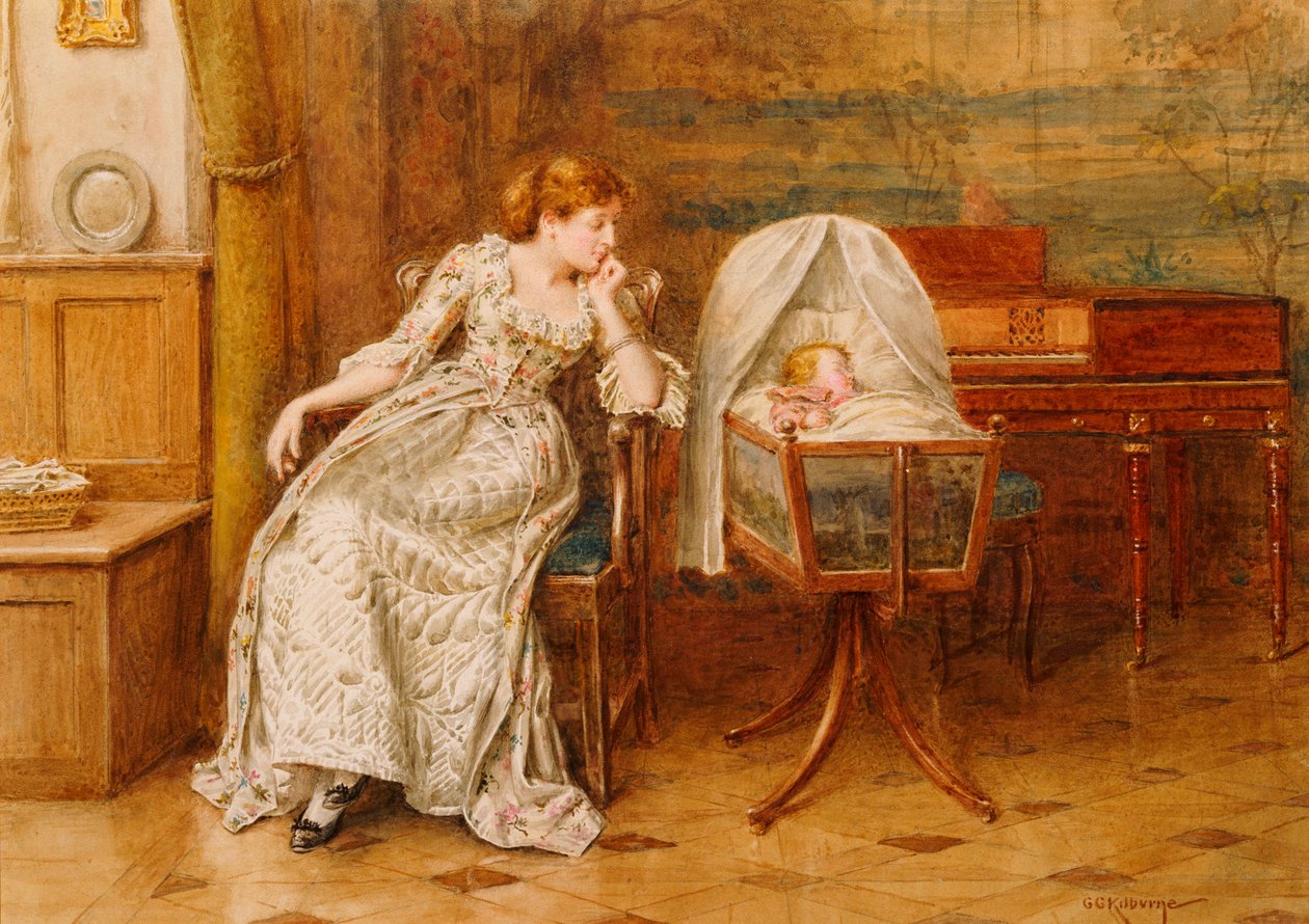 Un interior con una madre y un niño de George Goodwin Kilburne