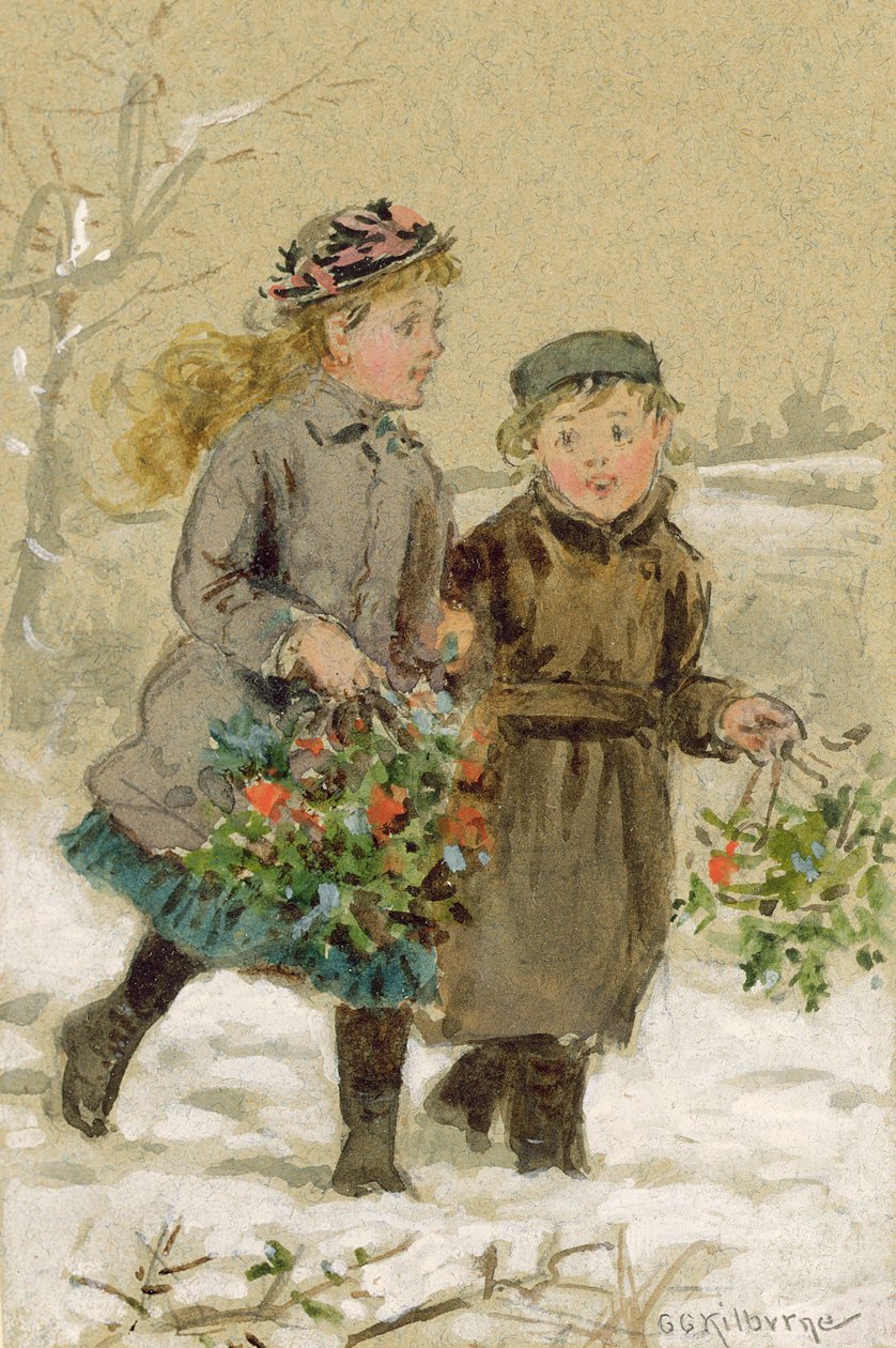 Niños jugando en la nieve - Recogiendo acebo de George Goodwin Kilburne