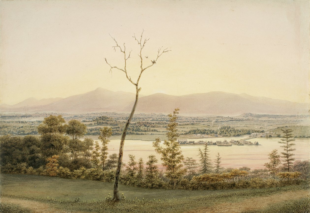 Crepúsculo Temprano, Kaatskill Catskill Landing y Montañas desde la Orilla Este del Hudson, Nueva York de George Harvey