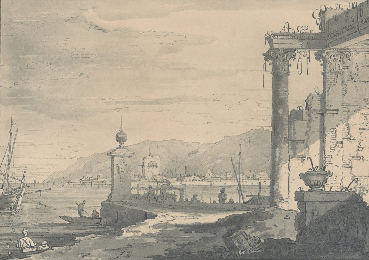Una escena costera con una ruina clásica a la derecha, 1811 de George Hawkins