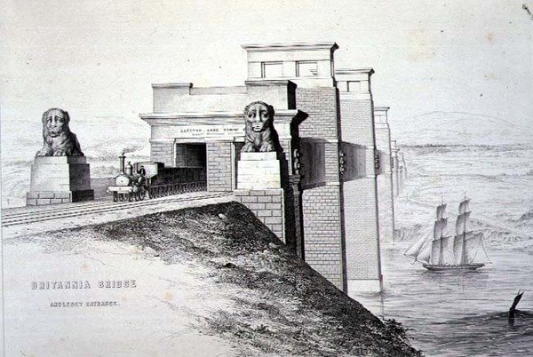 Puente Britannia, Entrada de Anglesey, grabado por el artista, pub. 1849 de George Hawkins