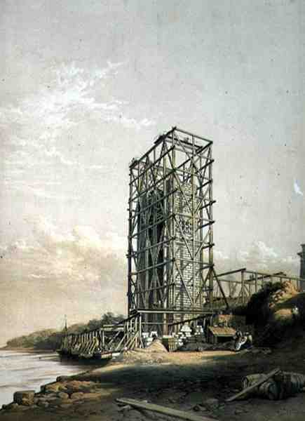 Puente de Britannia, Torre de Caernarvon, septiembre de 1848, pub. en 1849 (litografía) de George Hawkins